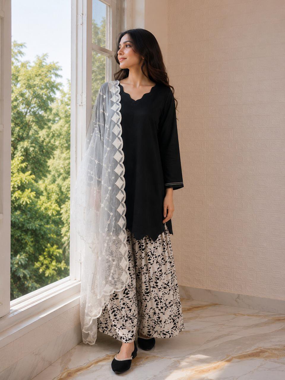 Scalloped hem kurta, contrast sleeve detail + bold printed farshi trouser — YAR by Ayesha Rizwan
