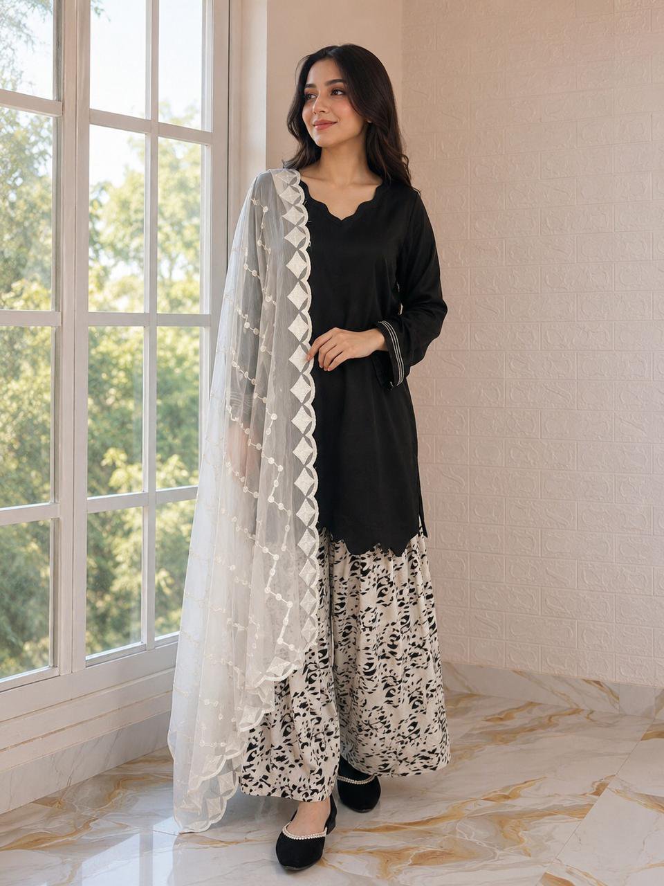 Scalloped hem kurta, contrast sleeve detail + bold printed farshi trouser — YAR by Ayesha Rizwan