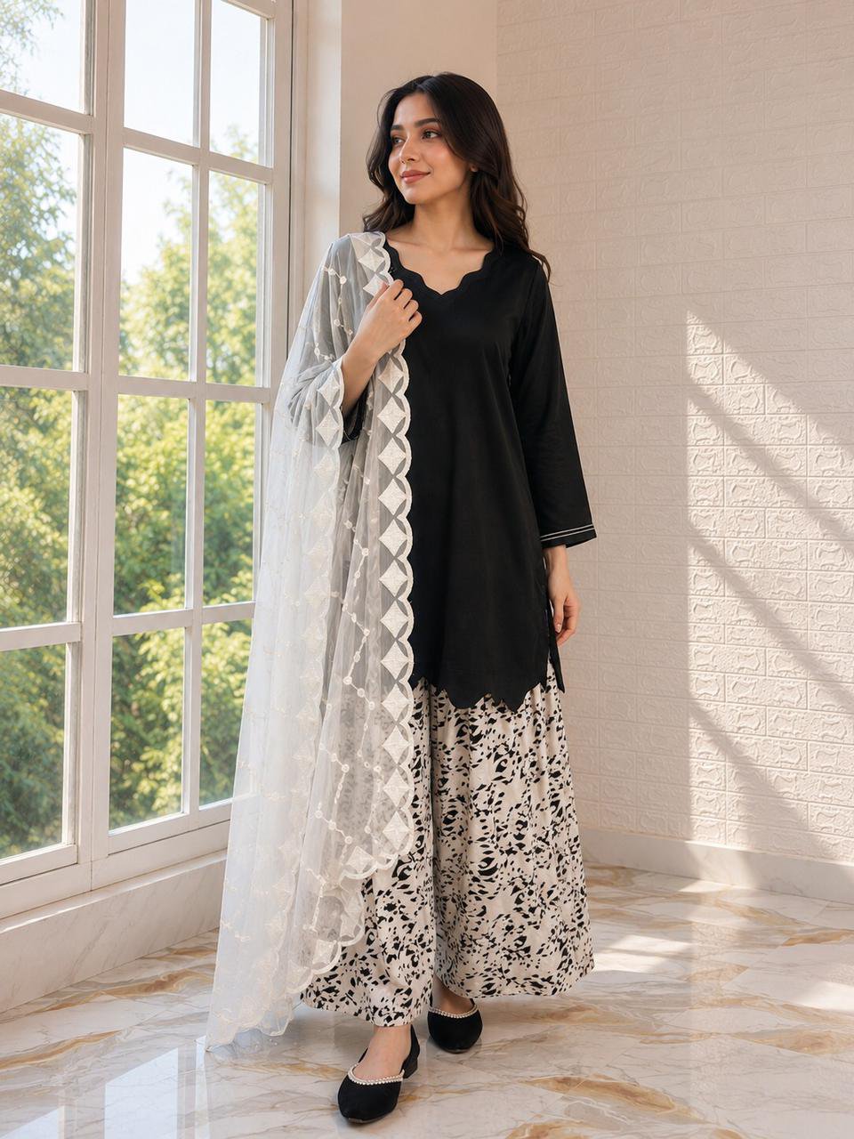 Scalloped hem kurta, contrast sleeve detail + bold printed farshi trouser — YAR by Ayesha Rizwan