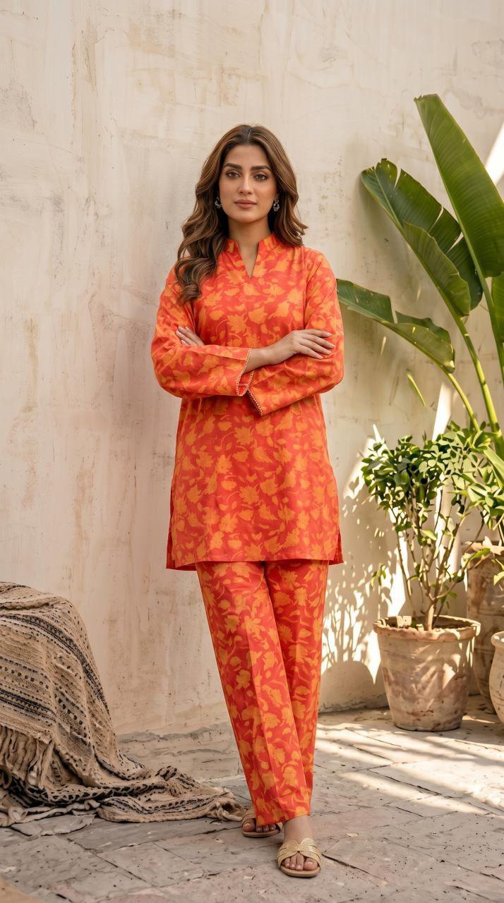 Sunset orange floral 2-piece set. — YAR by Ayesha Rizwan