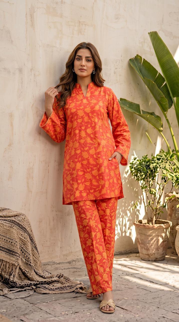 Sunset orange floral 2-piece set. — YAR by Ayesha Rizwan