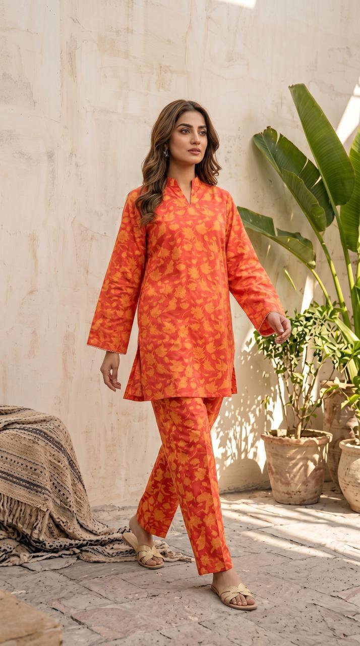 Sunset orange floral 2-piece set. — YAR by Ayesha Rizwan